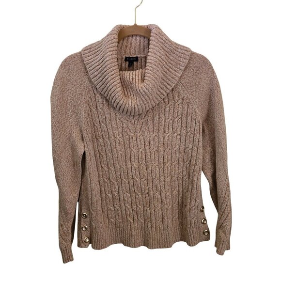 Talbots Cable Cowl Neck Sweater Tan Marled Gold Button Detail Sustainable Size M - Picture 2 of 8
